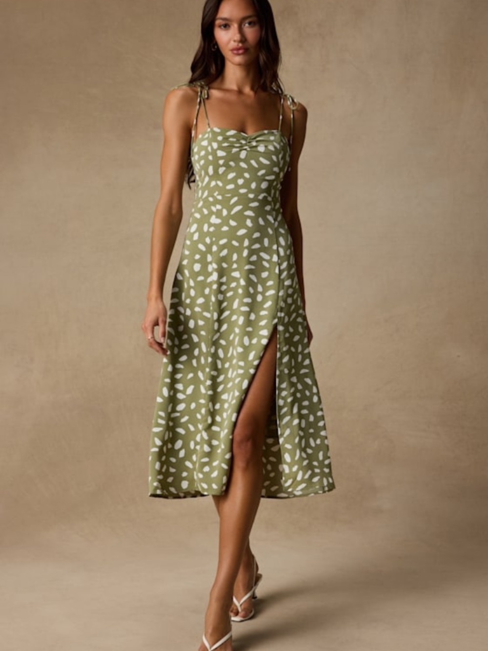 Lulus Party In Paris Sage Green Print Tie-strap Midi Dress - Size S